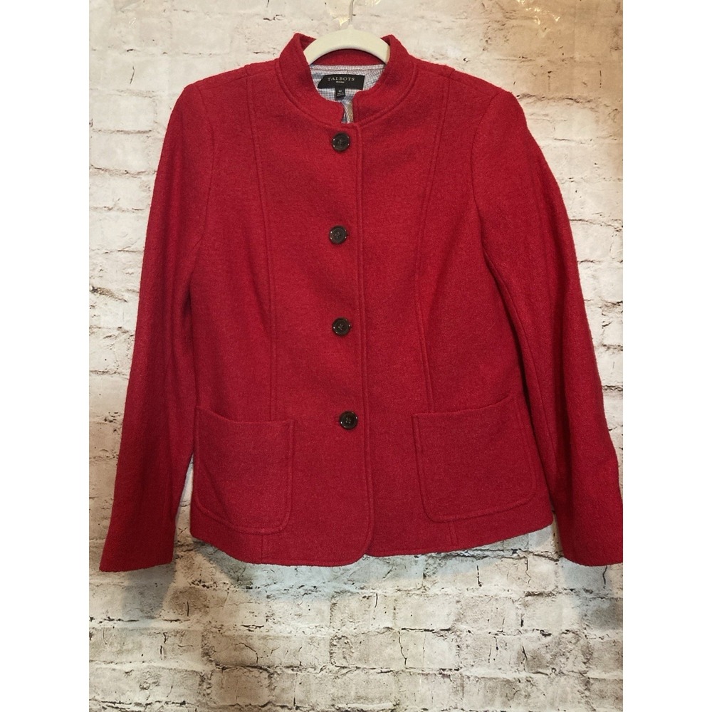 Talbots‎ Boiled Wool Jacket 8 Petite In Cherry Red Button Front Drop Pockets